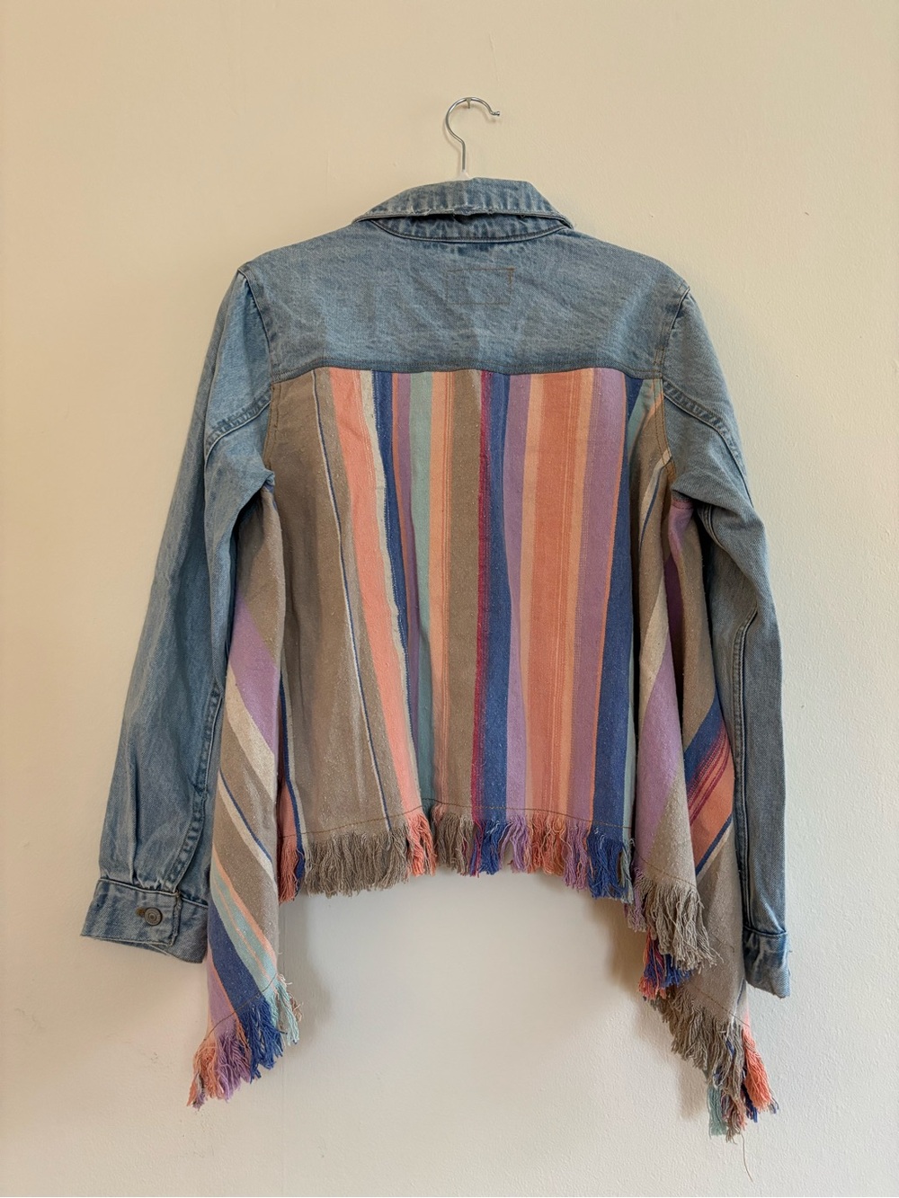 Free People Light Wash Denim Jacket with Pastel Fringe Panels - Picture 7 of 8